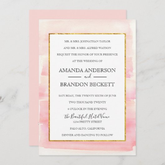 Faire-part de mariage photo or Rose aquarelle (Devant / Derrière)