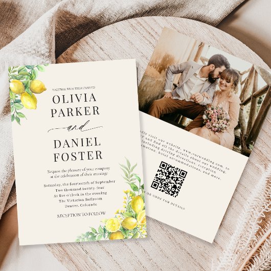 Faire-part de mariage photo QR Code Citron aquarel