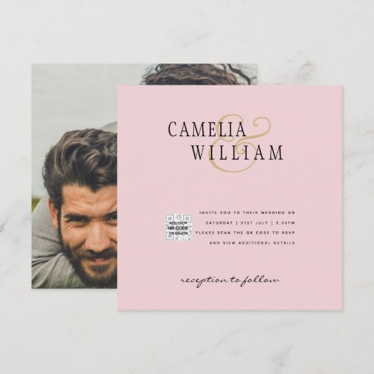 Faire-part de mariage photo QR Code rose saumonée (Devant / Derrière)