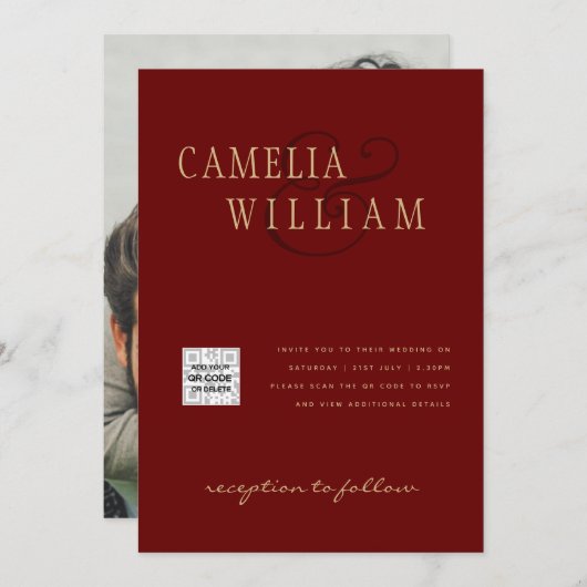 Faire-part de mariage photo QRCode RSVP Bourgogne  (Devant / Derrière)