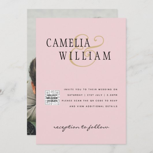 Faire-part de mariage photo QRCode RSVP rose vierg (Devant / Derrière)