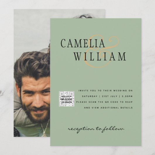 Faire-part de mariage photo QRCode RSVP Sage Green (Devant / Derrière)