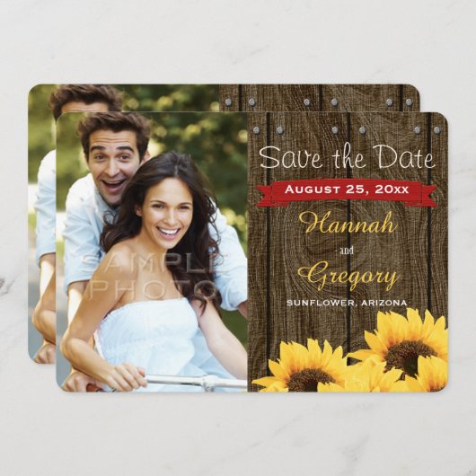 FAIRE-PART DE MARIAGE PHOTO ROUGE RUSTIQUE SUNFLOW (Devant / Derrière)