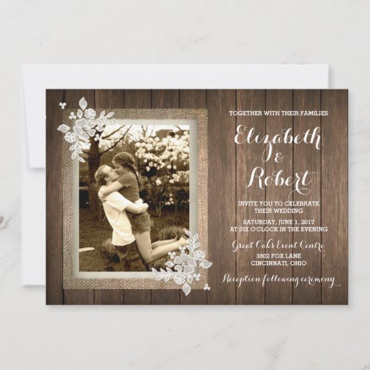 Faire-part de mariage photo Russe Wood Burlap (Devant)