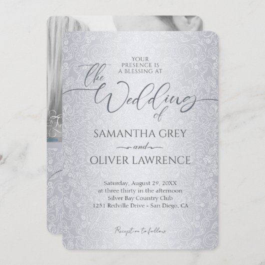 Faire-part de mariage photo Silver Modern Damask (Devant / Derrière)