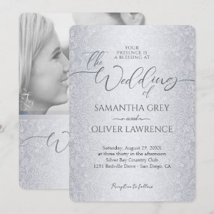 Faire-part de mariage photo Silver Modern Damask