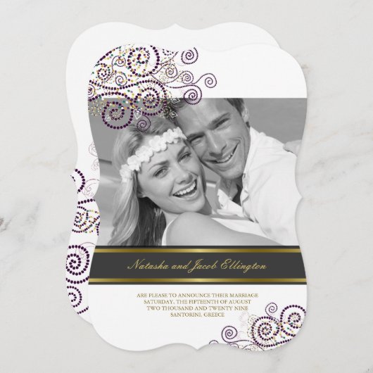 Faire-part de mariage photo spirales violettes boh (Devant / Derrière)