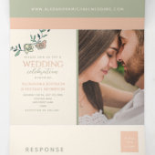 Faire-part de mariage photo triptyque vert rosé (Intérieur au milieu)