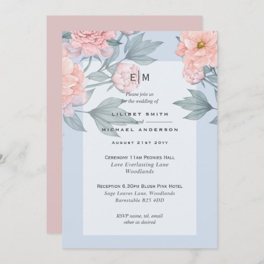 Faire-part de mariage Pivoines Rose Pêche Rose Blu (Devant / Derrière)