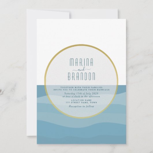 Faire-part de mariage plage aquarelle bleue (Devant)