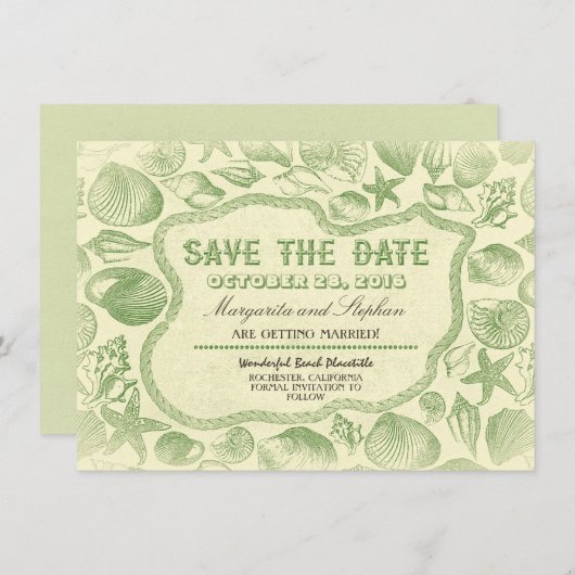 faire-part de mariage plage coquillages verts (Devant / Derrière)