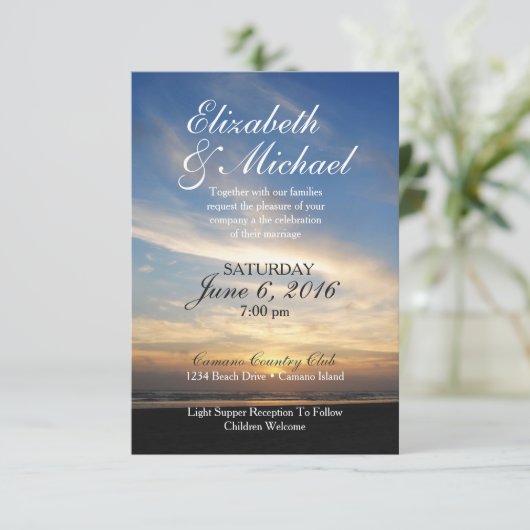Faire-part de mariage plage/coucher de soleil (Debout devant)