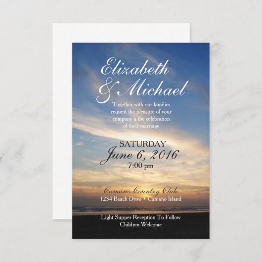 Faire-part de mariage plage/coucher de soleil (Devant / Derrière)