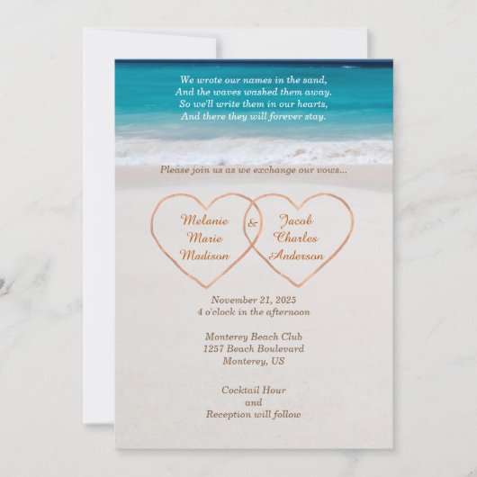 Faire-part de mariage Plages avec des cœurs (Devant)