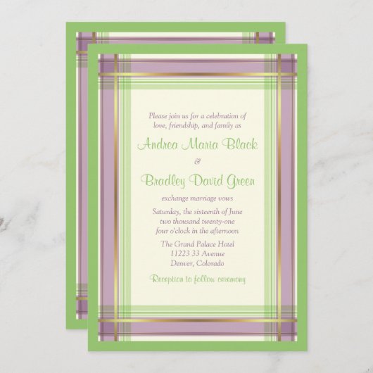 Faire-part de mariage Plaid vert à la menthe viole (Devant / Derrière)