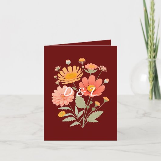 Faire-part de mariage plié à fleurs rétro (Devant)