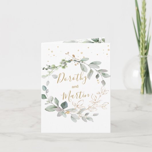 Faire-part de mariage plié au feuillage vert et or (Devant)