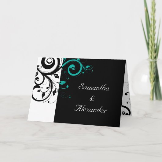 Faire-part de mariage plié Turquoise noir+blanc (Devant)