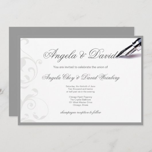 faire-part de mariage plume tourbillon gris (Devant / Derrière)