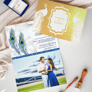 Faire-part de mariage plumes de paon bleu feuille