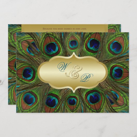 Faire-part de mariage Plumes Peacock Or (Devant / Derrière)