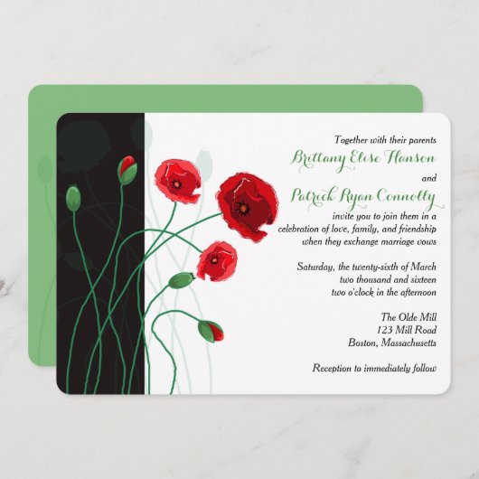 Faire-part de mariage | Poppies rouges avec noir, (Devant / Derrière)
