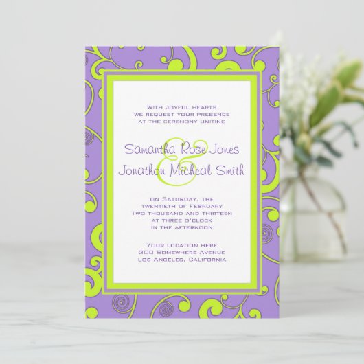 Faire-part de mariage pourpre et vert de rouleau (Debout devant)