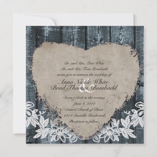 Faire-part de mariage primitif en bois bleu (Devant)