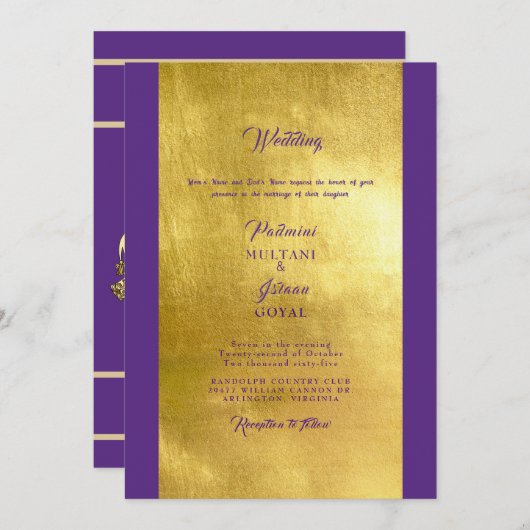 Faire-part de mariage profond violet et or indien (Devant / Derrière)