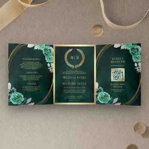 Faire-part de mariage QR Code Roses Vert Émeraude 