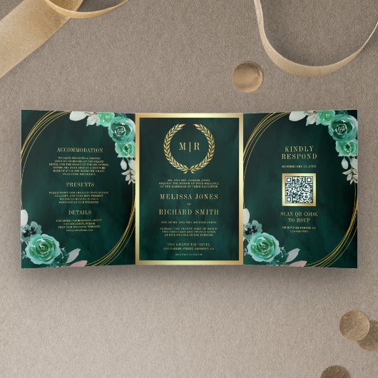 Faire-part de mariage QR Code Roses Vert Émeraude