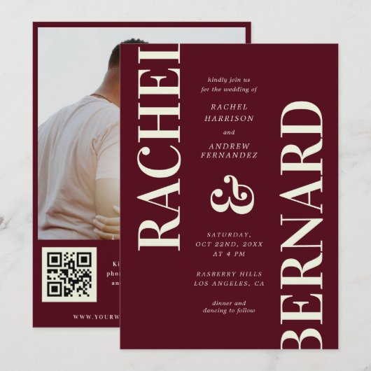 Faire-part de mariage QR Code typographique Burgun (Devant / Derrière)