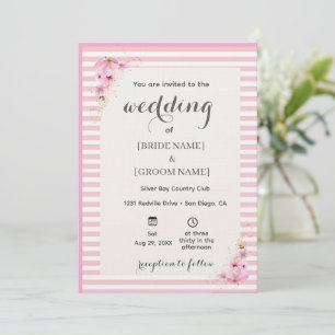 Faire-part de mariage rayé à fleurs roses
