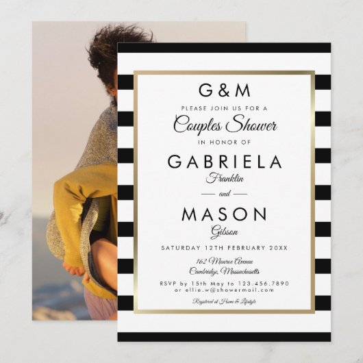 Faire-part de mariage rayé à monogramme pour coupl (Devant / Derrière)