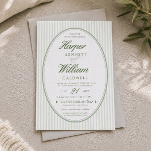 Faire-part de mariage rayé avec cadre ovale vert s