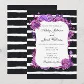 Faire-part de mariage rayé moderne. Fleurs violett (Devant / Derrière)