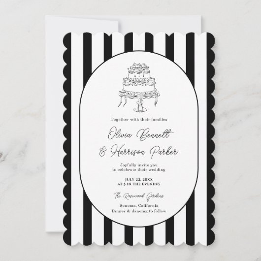 Faire-part de mariage rayé noir et blanc à bord fe (Devant)