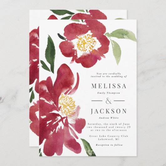Faire-part de mariage Red Peonies (Devant / Derrière)