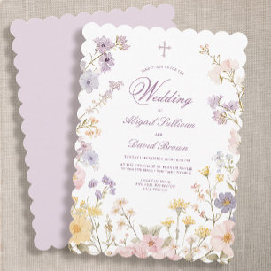 Faire-part de mariage religieux à cadre floral pas