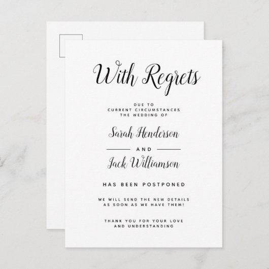 Faire-part de Mariage Reporté avec Regrets B & W (Devant / Derrière)