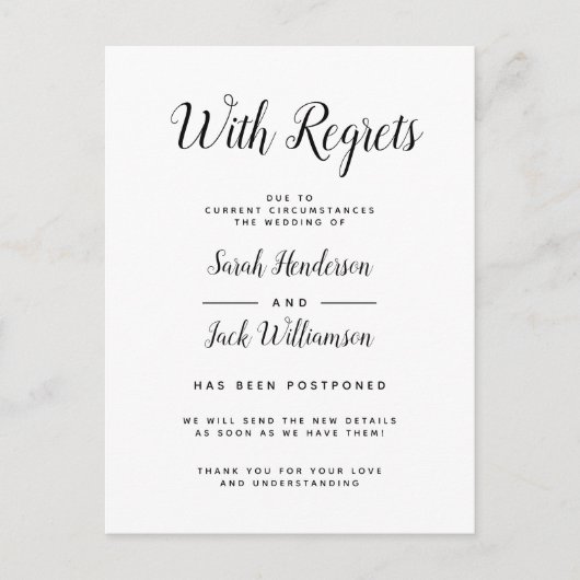 Faire-part de Mariage Reporté avec Regrets N&B (Devant)