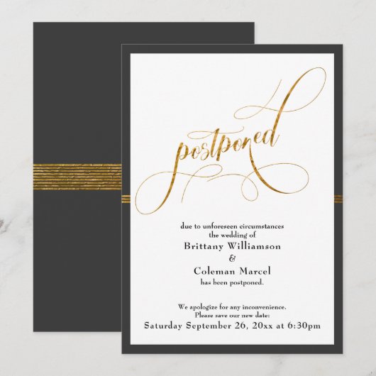 Faire-part de mariage reporté élégant gris et rayu (Devant / Derrière)