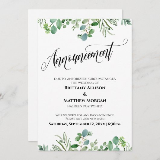 Faire-part de mariage reporté Eucalyptus élégant (Devant / Derrière)