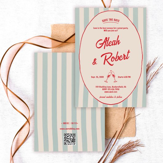 Faire-part de mariage rétro avec écriture rouge et