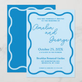 Faire-part de mariage rétro Blue Wavy (Devant / Derrière)