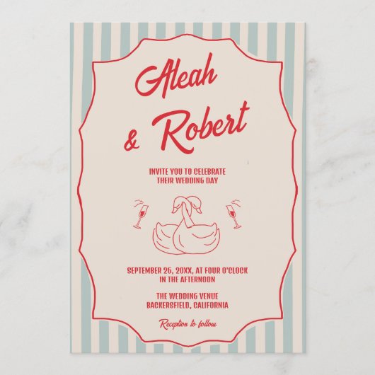 Faire-part de mariage rétro Code QR rayures bleues (Devant)