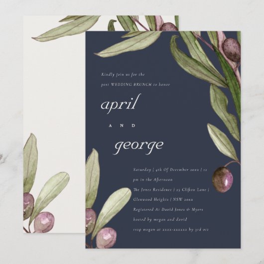 Faire-part de mariage rétro marine olive feuillage (Devant / Derrière)