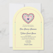 Faire-part de mariage rétro rose jaune avec code Q (Devant)