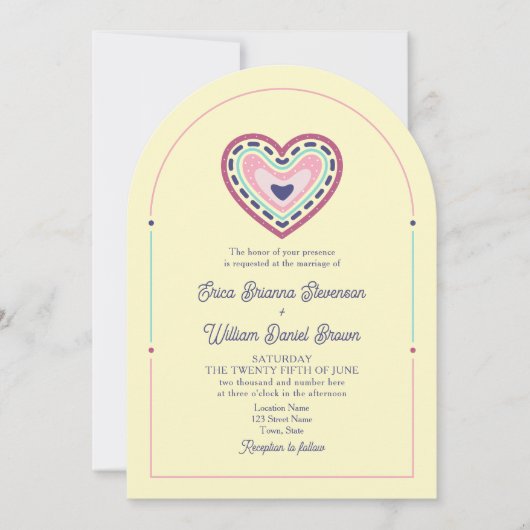 Faire-part de mariage rétro rose jaune avec code Q (Devant)