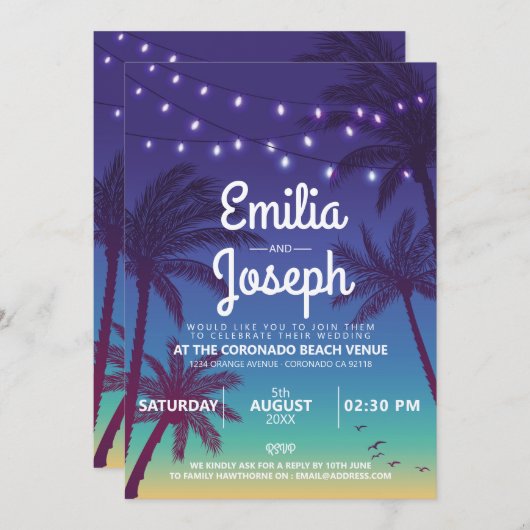 Faire-part de mariage rétro Tropical Palm Beach (Devant / Derrière)